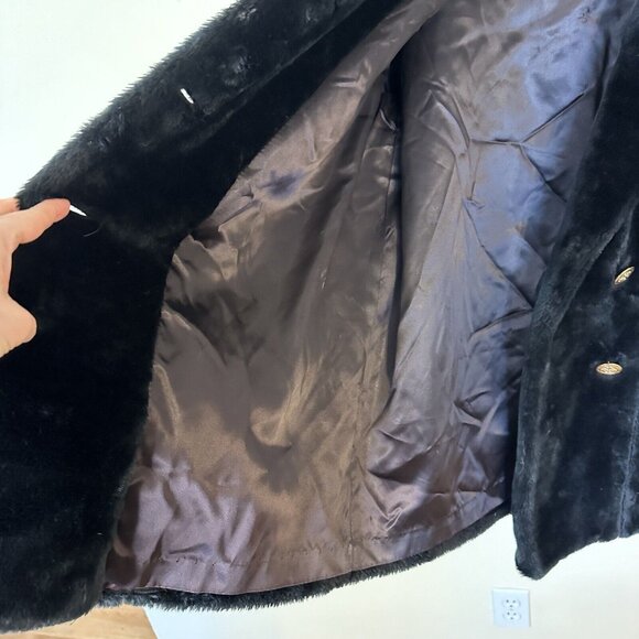 Vintage Womens Black Faux Fur Jacket Fleur de lis Buttons Coat Satin Medium - Picture 10 of 13